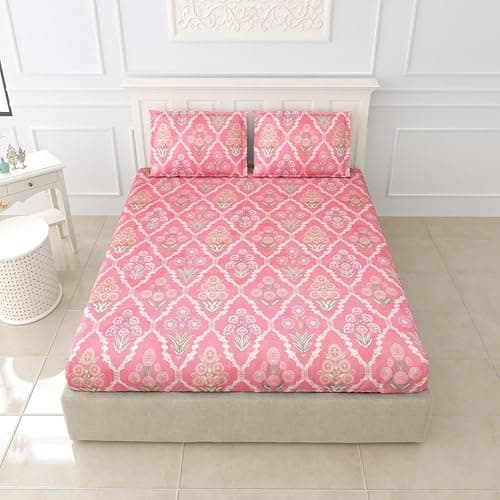 DECOMIZER Cotton Feel Glace Cotton Elastic Fitted Printed King Size Double Bed Bedsheet with 2 Pillow Coverm Fits Upto 10 to 12 inches Mattress,Size- 72x78x14 Inches,Pink Jaipuri