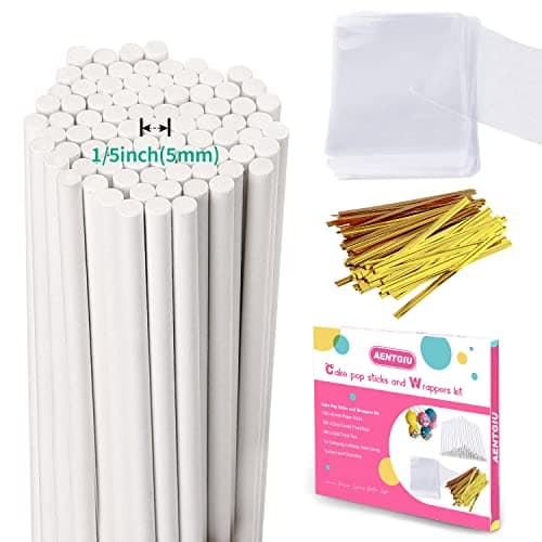 Cake Pop Thick Sticks and Wrappers Kit Including 100ct 6inch 5mm Diameter Paper Lollipop Sticks 100ct Clear Candy Bags Parcel 100ct Gold Twist Ties for Cakepop Lollipop Hard Candy