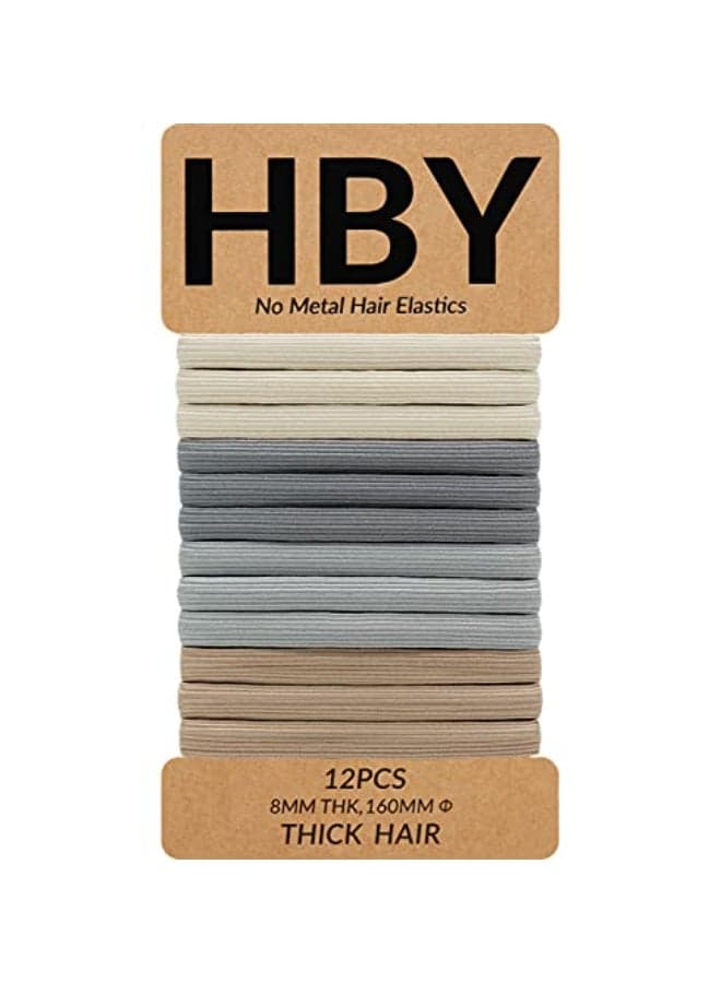 HBY Womens Hair Ties for Thick or Curly Hair No Slip Seamless Ponytail Holders Sports Thick Hair Ties Room for Comfort 8MM 12 Pcs