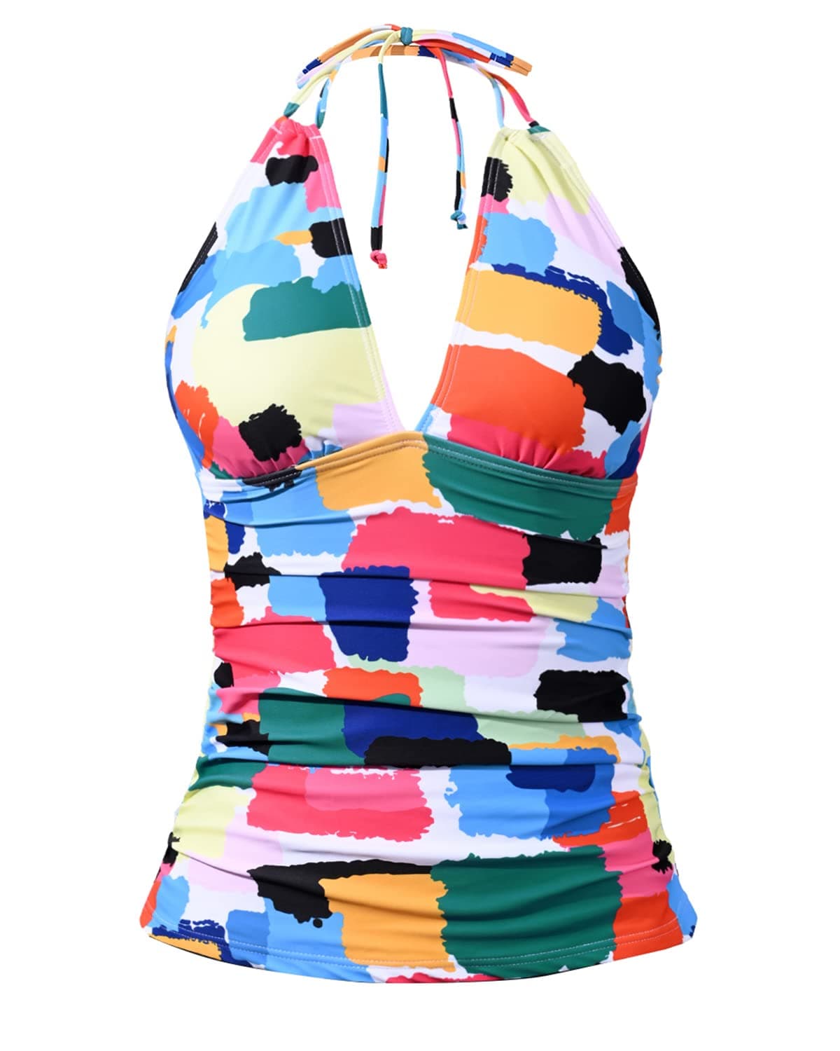 Yonique Women's Halter Tankini Top No Bottom V Neck Swim Top Tummy Control Bathing Suit Top Color Block M