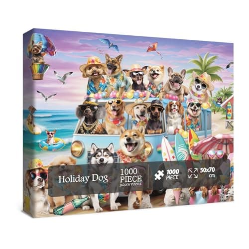 Funny Dog Puzzle Beach Dogs Puzzles 1000 Pieces for Adults Animal Jigsaw Puzzles for Adults Vacation Holiday Puppy Bulldog Jigsaw Puzzle Family Collage Puzzles as Home Decor
