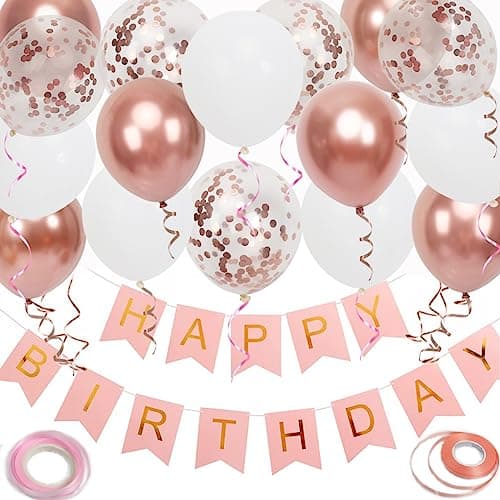 Happy Birthday Banner, Rose Gold Birthday Decoration, 16 pcs 12 inch Balloons with 2 Ribbons for Girl and Women Party Decoration