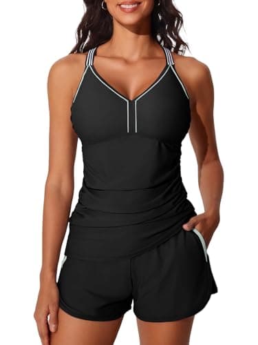 Summer Mae Modest Tankini Swimsuits for Women 2025 Two Piece Bathing Suits with Sporty Pockets Boy Shorts for Tummy Control Pure Black Size 12