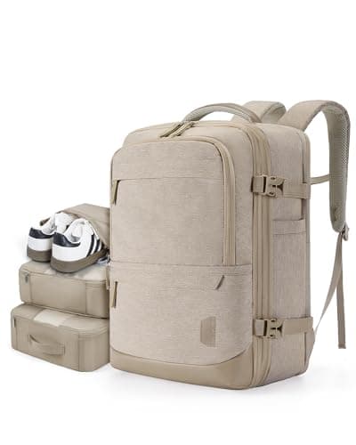 BAGSMART Compression Travel Backpack, 40L Expandable Carry On Backpack with Packing Cubes, Water Resistant Weekender Backpack Fits 17 Inch laptop, Large Overnight Luggage Daypack with Shoe Bag, Khaki