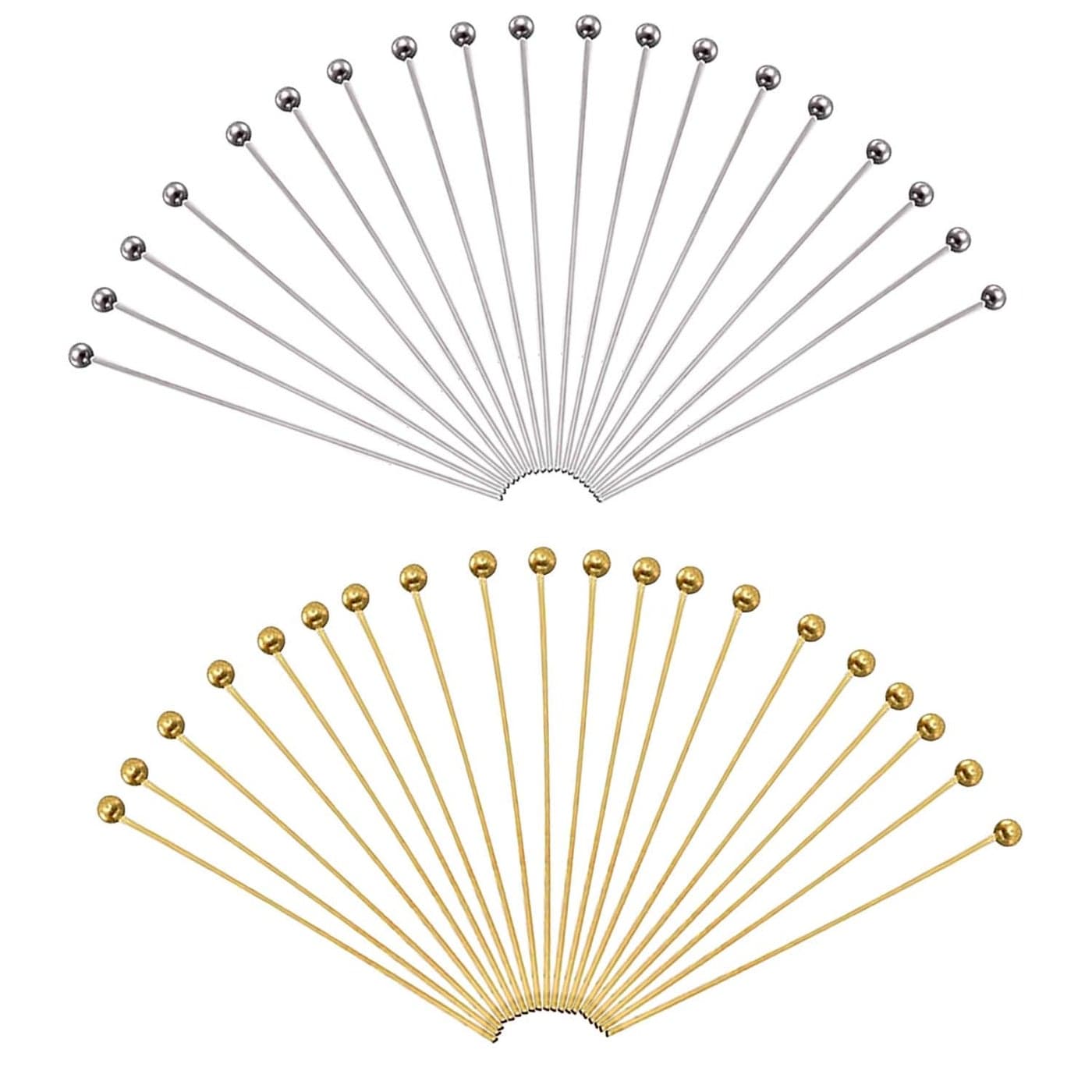 TOAOB 200pcs Ball Head Pins for Jewelry Making Brass Ball Pins 2 Inch 22 Gauge Gold Silver Headpins for DIY Charm Beads Crafts Earring Bracelet Necklace Jewelry Making