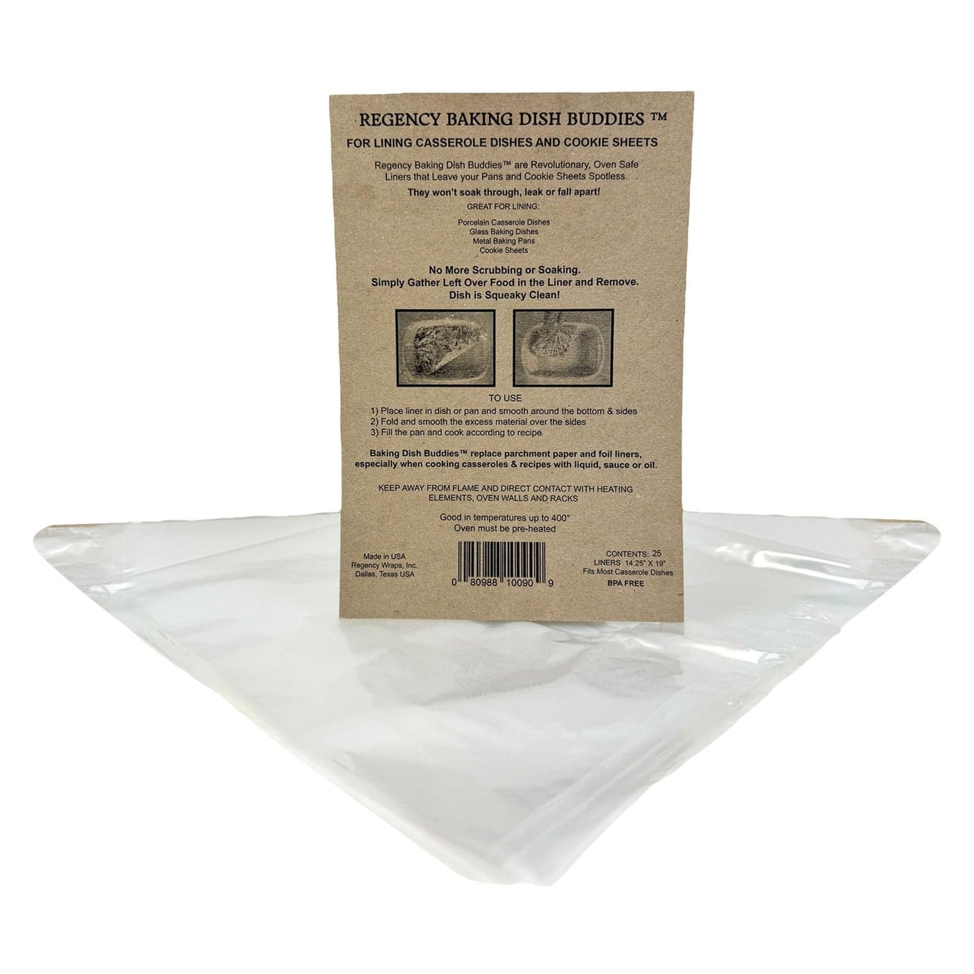 Regency Wraps Baking Dish Buddies, 14.5" X 19" pack of 25 Non-Stick Liners For Mess-Free Casseroles Dishes, Baking Sheets, glass and metal baking pans, Clear
