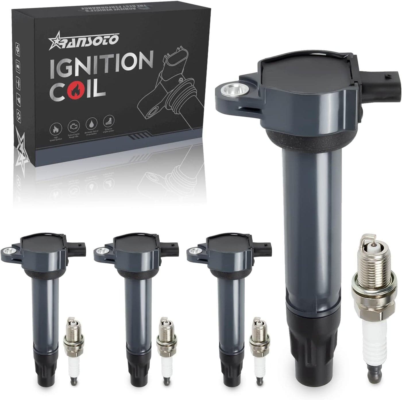 RANSOTO UF557 Ignition Coils and 4503 Spark Plugs Set for Dodge, Chrysler, and Jeep