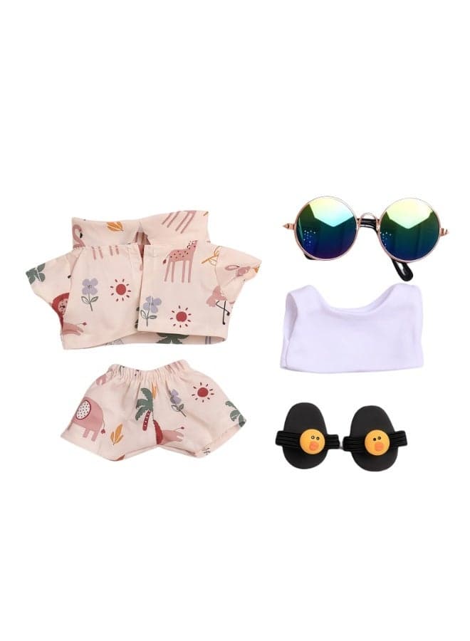 Clothes Accessories for Dolls, 5 PCS Stylish Kawaii Beach Suit Outfit Set for 17cm Labubu Plush Doll, Includes Replacement Glasses, T-Shirt, Pants, Shoes, (No Doll)
