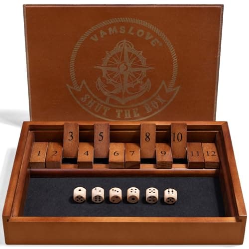 VAMSLOVE Shut The Box Dice Game Wooden Board Table Math Game for 2 Players and Up 12 Numbers Close The Box with 6 Dice for Kids Adults Family Instructions Included