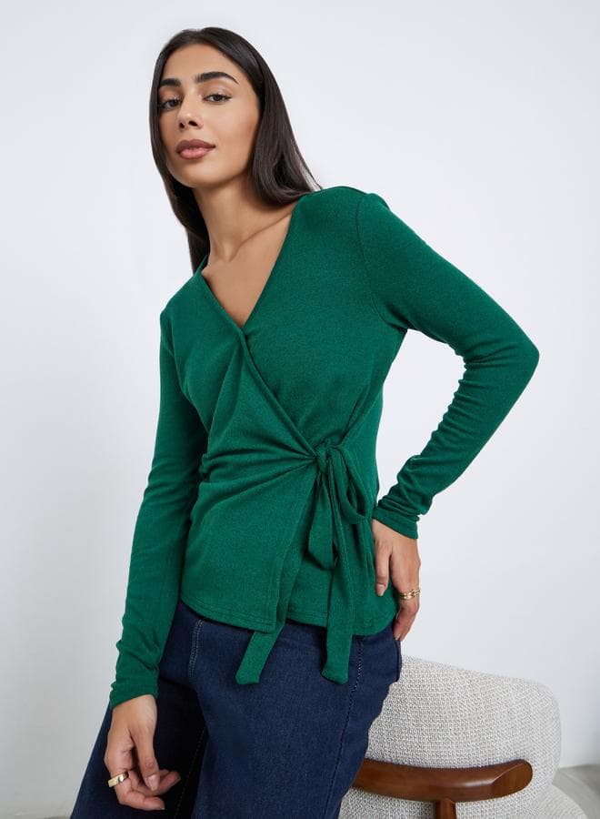 Styli Green Plain Long Sleeve Knitted Wrap Top