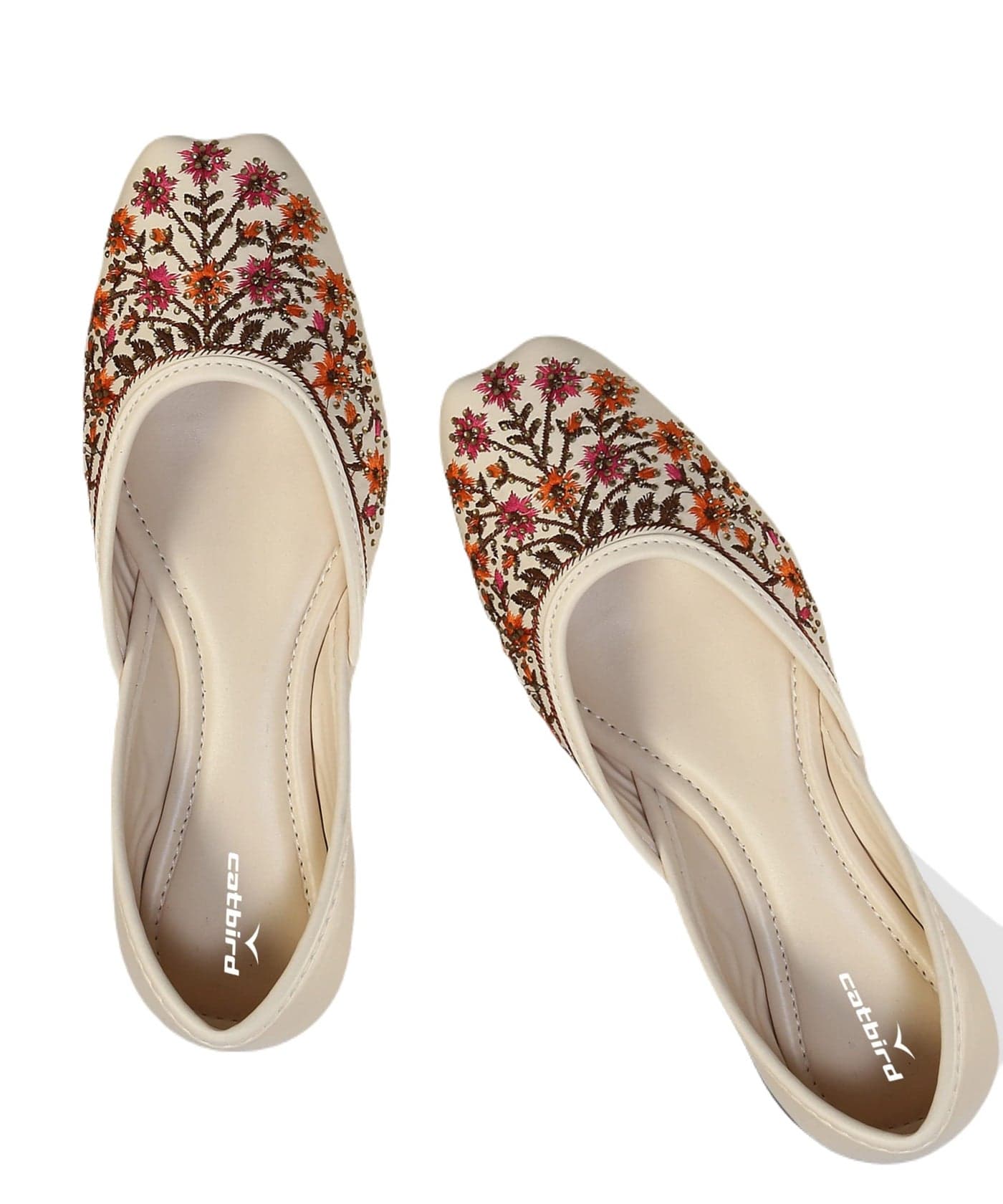 CatBird Women's Cream Designer Emboidery with Stone Work Ethnic Shoes Punjabi Jutis 8 UK