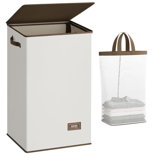SOLEDI Laundry Hamper with Lid 90L Large & Tall Collapsible Laundry Basket, Clothes Hamper with Bag Removable Easy to Carry, Dirty Hampers for Bedroom, Bathroom, Dorm, College, Beige