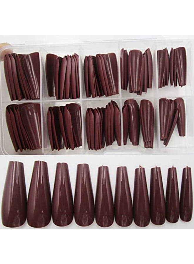 100pc Colored Coffin Press on Nails Long Ballerina False Fake Nail Tips Full Cover Manicure Design Acrylic Nails for Women Teen Girls Dark Coffee