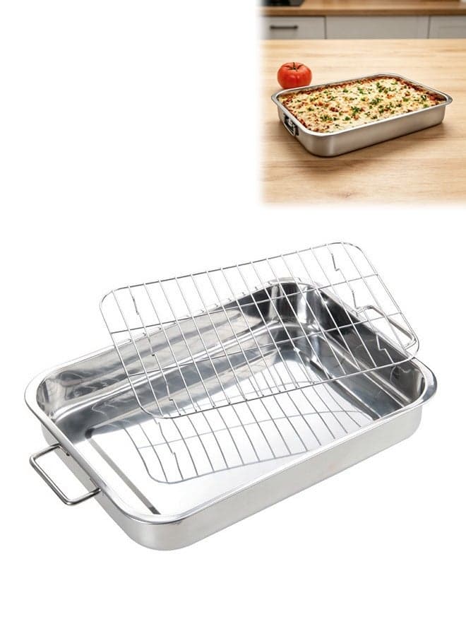 Stainless Steel Roasting Square Pans with Handles , Draining Tray, Roaster Tray with Flat Rack,Large Oven Roaster Tray for Baking Turkey, Chicken, and Veggies( Silver,39*28*6 cm )