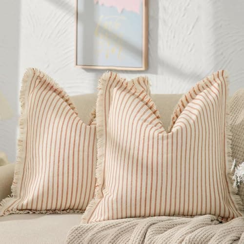 ZWJD Throw Pillow Covers 22x22 Set of 2 Striped Pillow Covers with Fringe Chic Cotton Decorative Pillows Square Cushion Covers for Sofa Couch Bed Living Room Farmhouse Decor