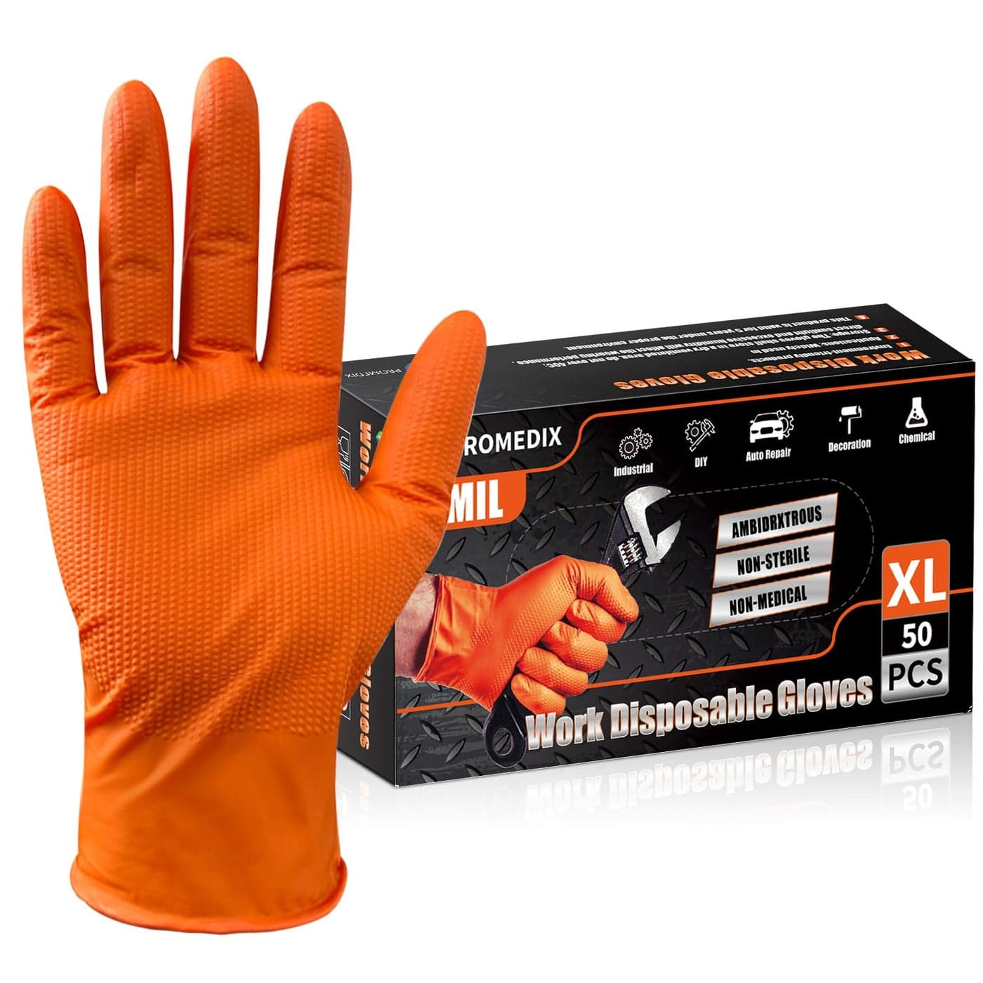 PROMEDIX P Heavy Duty Nitrile Disposable Gloves8mil OrangeRaised Diamond Texture Work GlovesIndustrial Work gloves