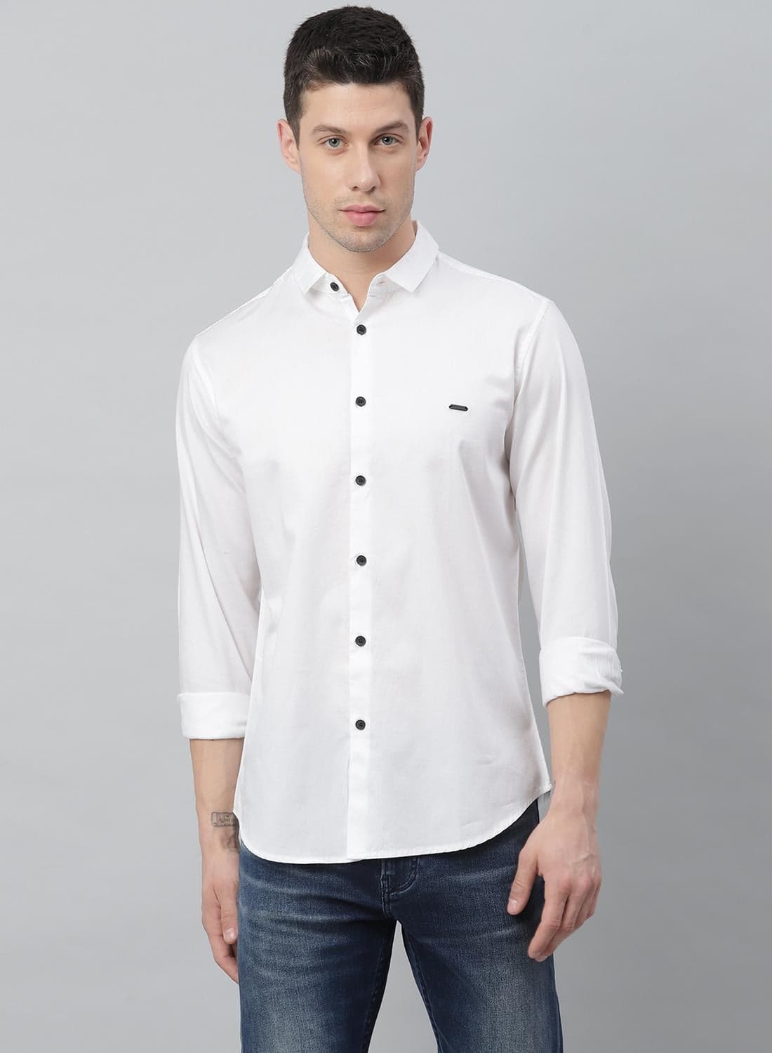 Slim Fit White Men's Solid Shirt, Spread Collar, Full Sleeves, 100% Cotton,
