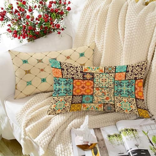 STITCHNEST Set of 2 Polycotton Cushion Covers – 12x18 Inches – Moroccan Tile Patchwork Print – Ethnic Decorative Cushion Covers for Sofa & Living Room | Perfect for Home Decor