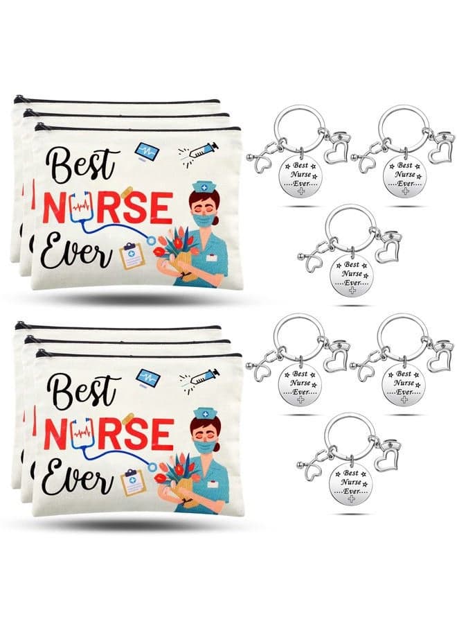 12 Pcs Nurse Appreciation Gift Set 6 Nurse Makeup Bags and 6 Nurse Appreciation Keychains Nurse Christmas Gift for Women, Multicolor, M