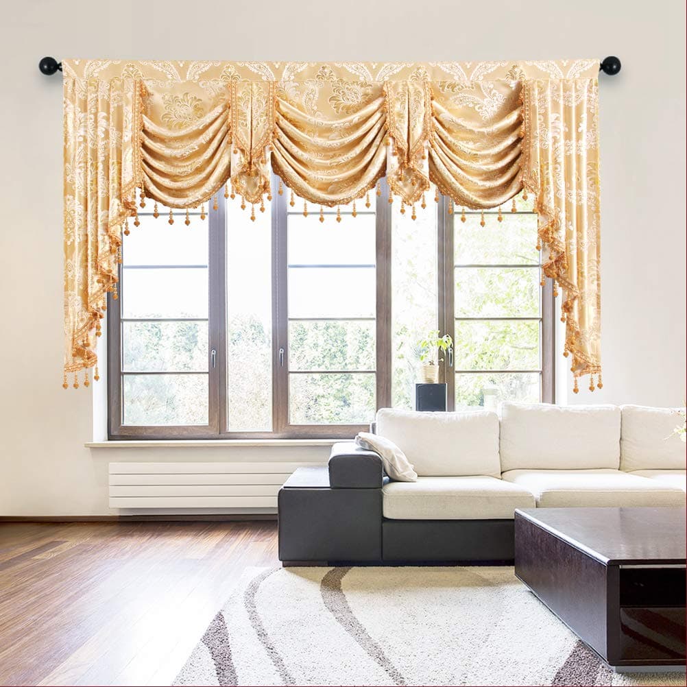 ELKCA Golden Jacquard Swag Waterfall Valance for Living Room Damask Curtain Valance for Kitchen DamaskGolden W98 Inch 1 Panel