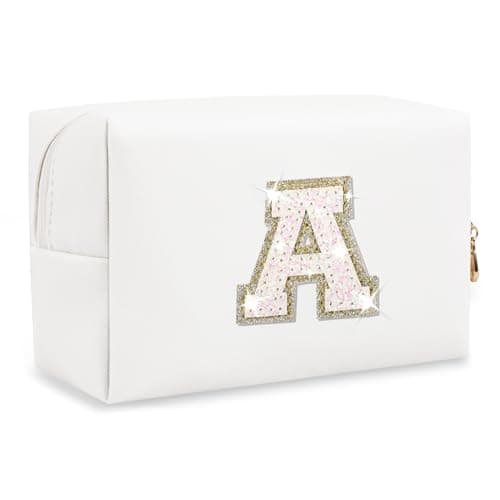Small Initial Patch Makeup Bag Personalized Gifts Make Up Bag,White Cute PU Leather Glitter Letter Cosmetic Bag with Zipper,Trendy Portable Travel Toiletry Pouch,Preppy Stuff for Teen Girls Women A