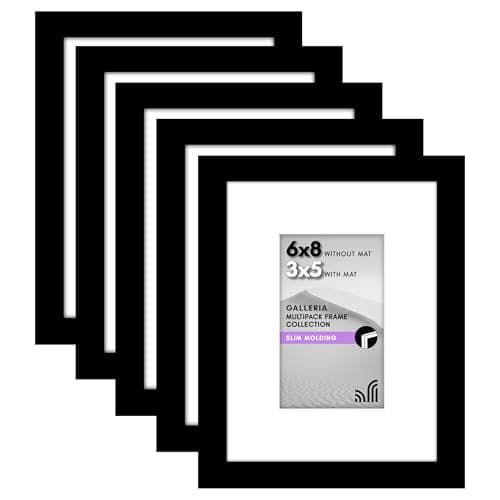 Americanflat 6x8 Picture Frame with Polished Plexiglass - Set of 5 - Use as 3x5 Frame with Mat or Display 6x8 Photo Without Mat - Galleria Collection - Picture Frames for Tabletop and Wall - Black