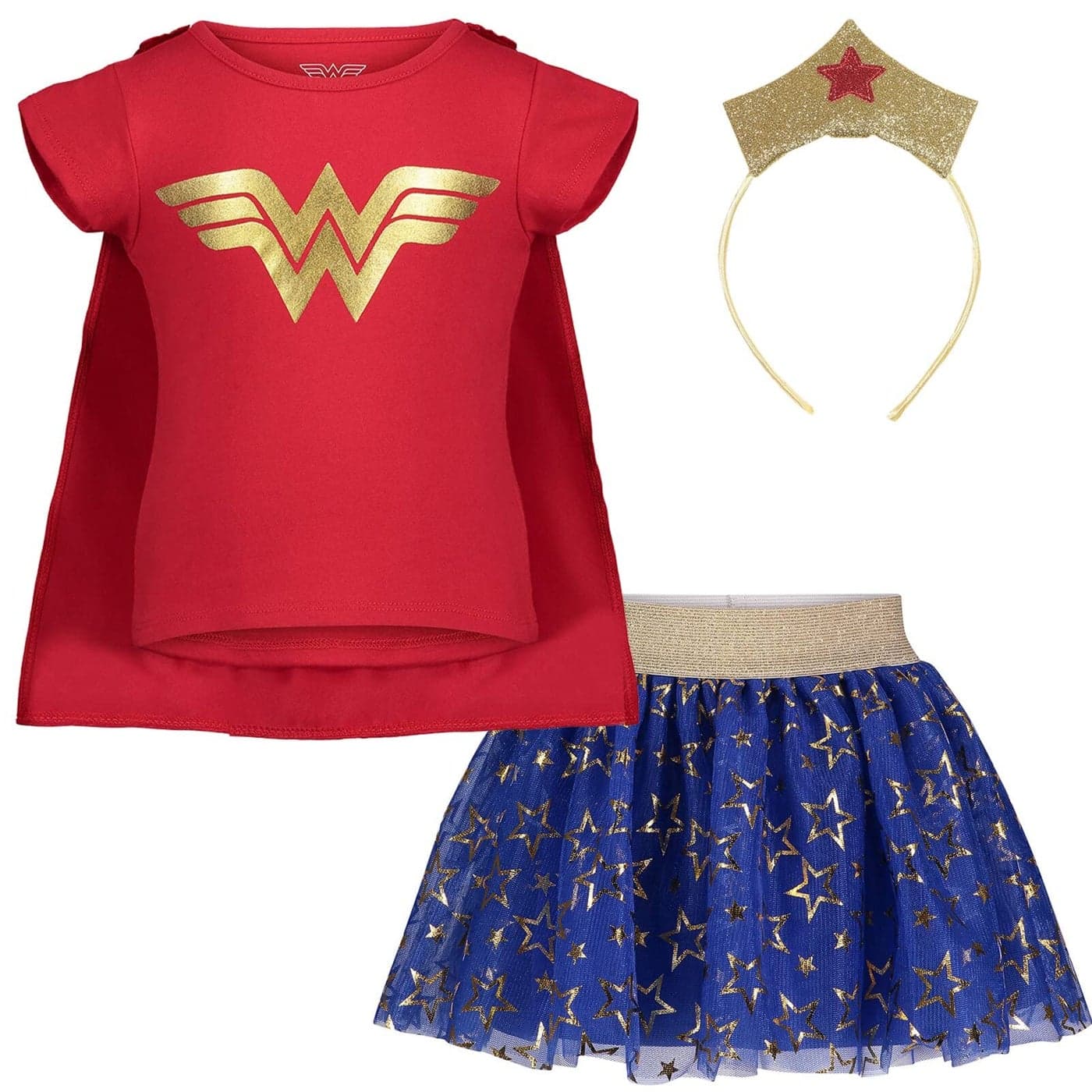 DC Comics Justice League Wonder Woman Toddler Girls 4 Piece Costume Set TShirt Skirt Headband Cape Red 2T