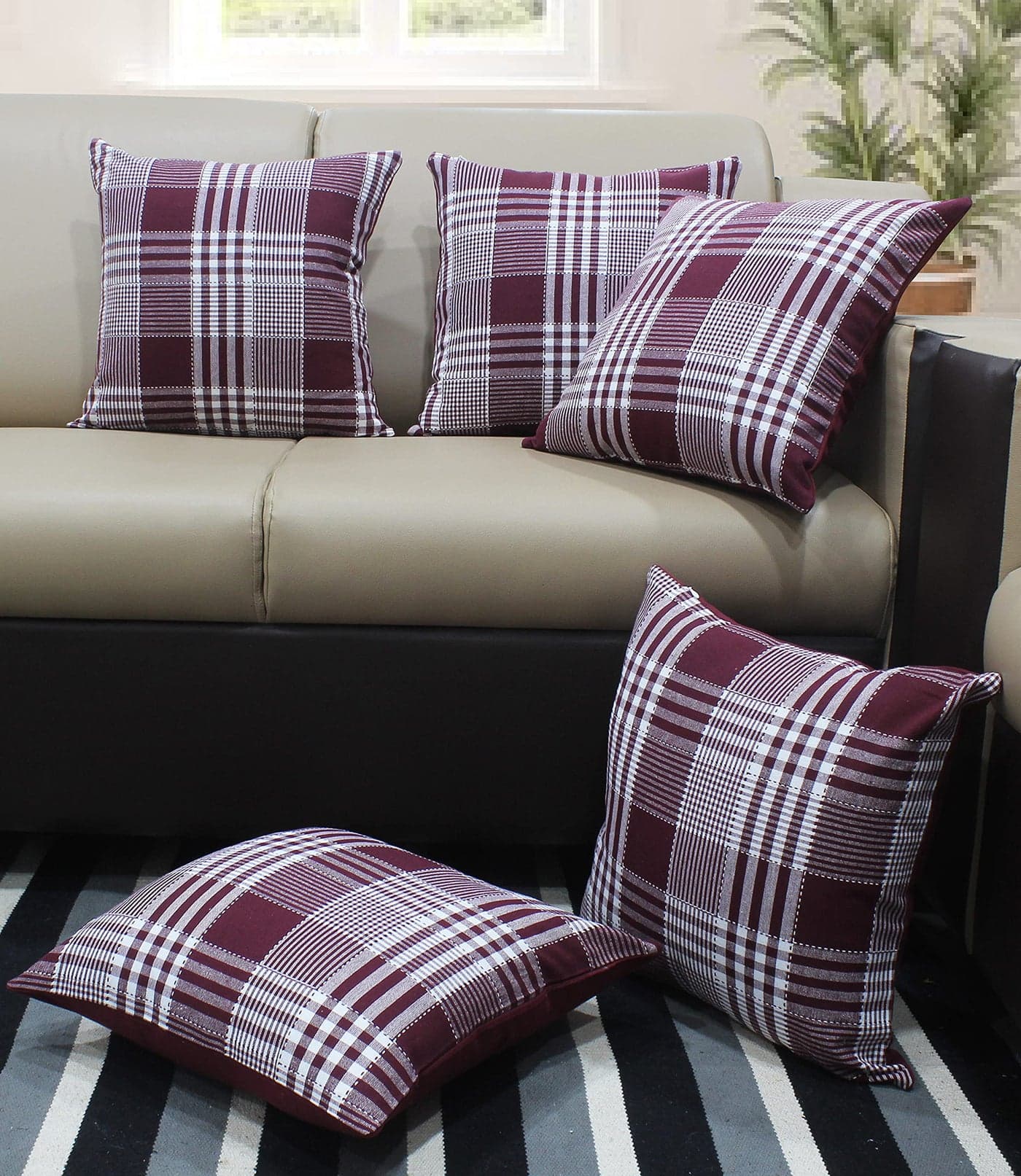 AIRWILL Cotton Track Dobby Maroon Themed Cushion Covers for Cushions & Pillows (Maroon & White, Pack of 5)