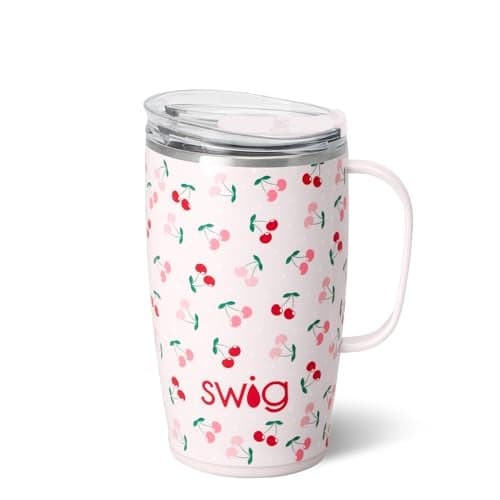 Swig Life 18oz Travel Mug, Insulated Tumbler with Handle and Lid, Cup Holder Friendly, Dishwasher Safe, Stainless Steel, Travel Coffee Cup (Cherry Pie)