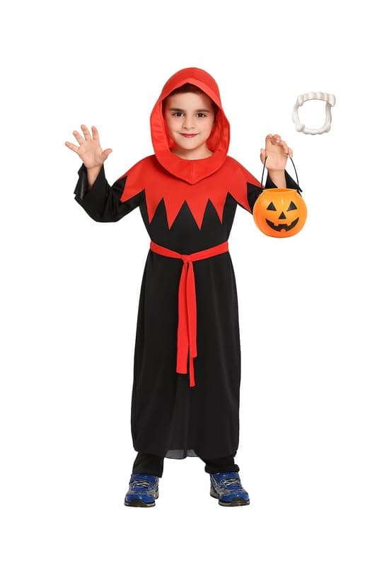YUPPIN Wizard Halloween Costume for Kids – Black & Red Hooded Fancy Dress Outfit with Pumpkin Bucket (Ages 2–8 Years)
