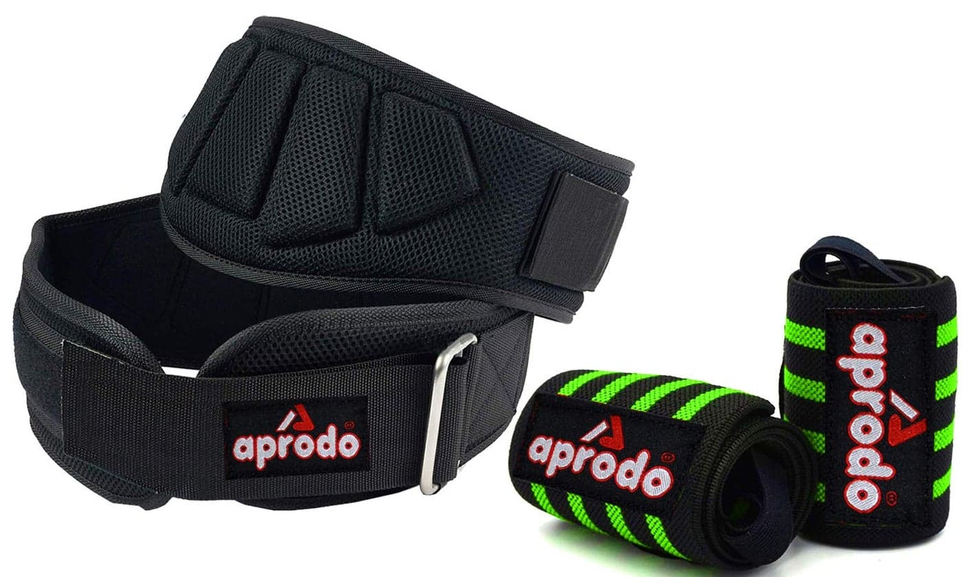 Aprodo Fitness Combo Power Nylon Weightlifting Belt with Wrist Support (1 Pair) for Men and Women (Black Green Combo, Medium 32'' - 36'')