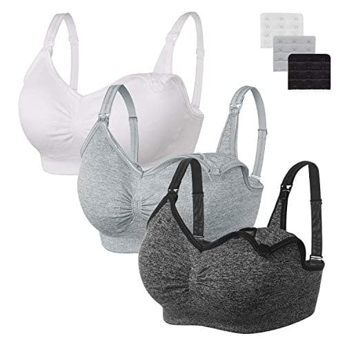 Angelhood Womens Seamless Sleep Nursing Bra,Breastfeeding Maternity Bra with Remove Bra Pads Extenders Pack of 3 Black/White/Grey