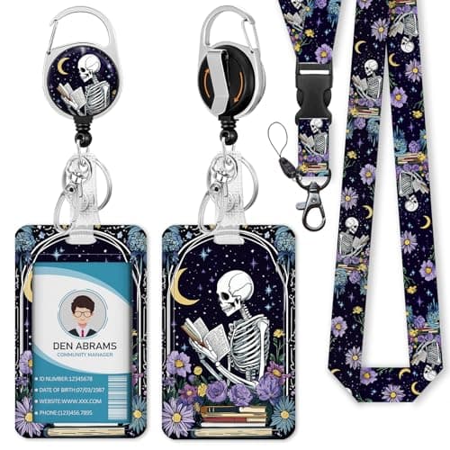 Piefly Lanyards for Id Badges, Funny Badge Holder with Retractable Badge Reel Clip, Skull Skeleton Reading Book Card Name Tag Lanyard Vertical ID Card Protector for Women Nurse Doctor Teacher Student