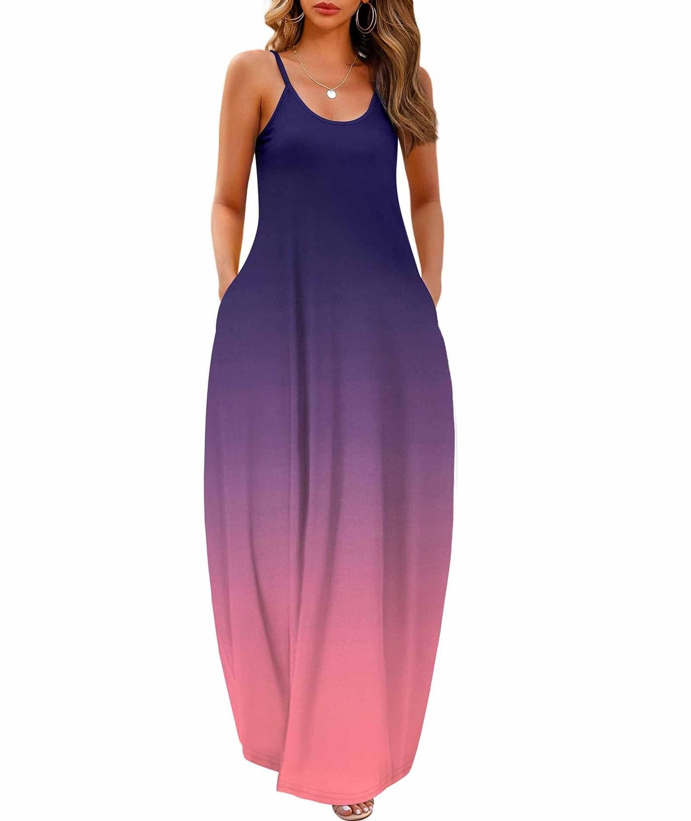 Wolddress Womens 2025 Casual Sleeveless Sundress Plus Size Loose Plain Long Summer Beach Maxi Dress with Pockets Gradient Pink Purple 3X