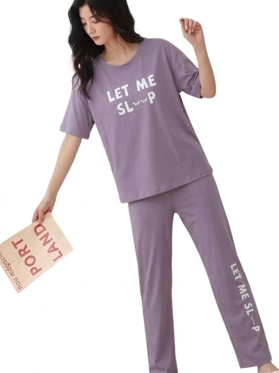 SMOWKLY Women's Premium Cotton Blend Cute Print Two Piece Pj Sleepwear Co-ord Set || Stylish Top with Pajama Pant Comfy Loungwear (1676_LC_2XL) Lilac