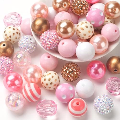 20mm Bubblegum Beads for Adult Crafts Making 50 PCS Beads Bulk Mix Colorful Chunk Bubble Gum Bead with Round Spacers Extender Chains Beading Cord for DIY Bag Chain Crafts Bracelets Necklaces