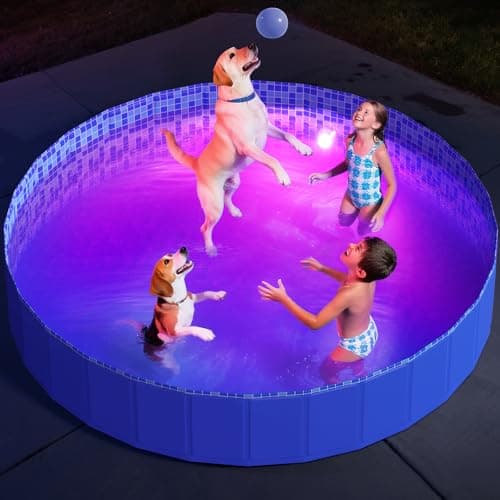Foldable Dog Pool with RGB LED Light 62 Collapsible Hard Plastic Kiddie Swimming Pool with Remote for Small Medium Large Doggie Kitty Puppy Pet Bathing Tub Wading Pool for Dogs Blue