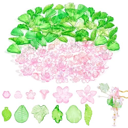 PH PandaHall 120pcs Green Leaf Beads Pink Flower Beads 12 Styles Transparent Acrylic Bead Crystal Loose Spacer Bead for Phone Charms Keychains Earrings Jewelry Bracelet Beading Crafting