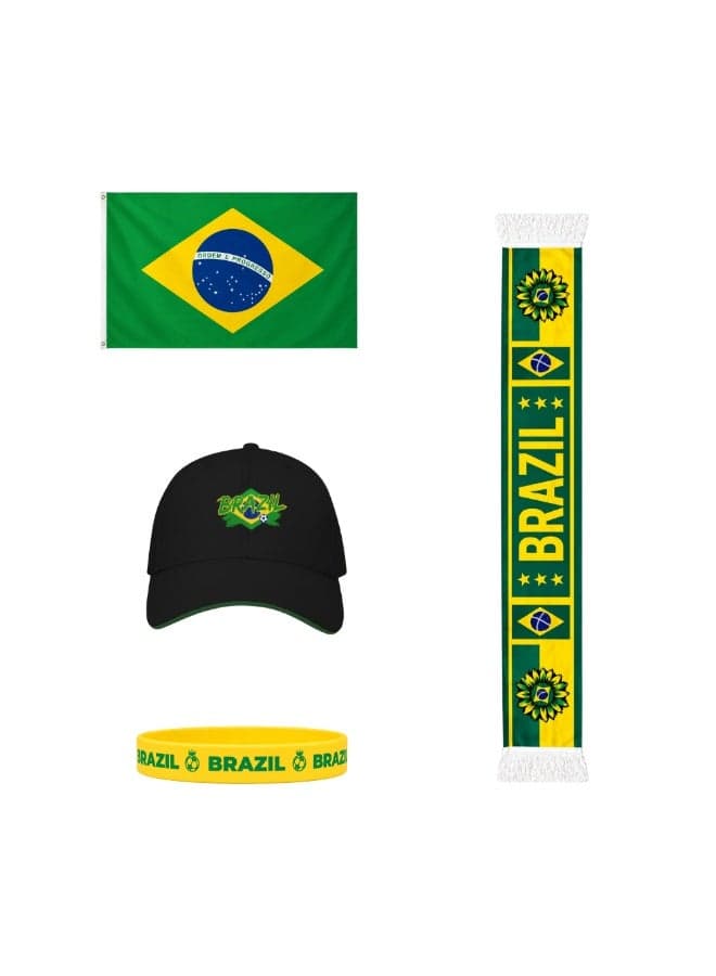 Brazil Football Sports Combo Pack | Set of 4 | Flag, Scarf, Cap and Silicone Wristband | Unisex Sports Match Outdoor Wear for Men Women