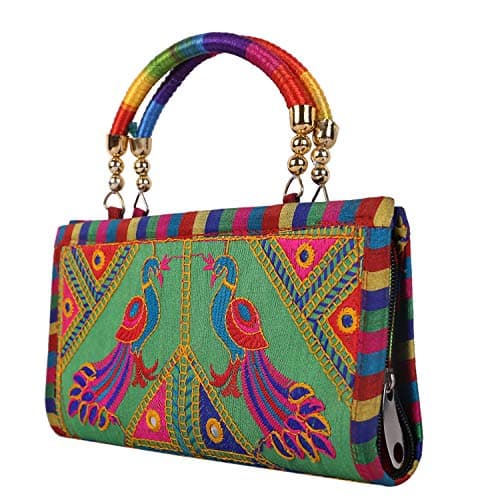 Craft Trade Women Clutch Bags Rajasthani Jaipuri Embroidery Mirror Work Ethnic Purses And Wallet - 13X25 Cms, Green