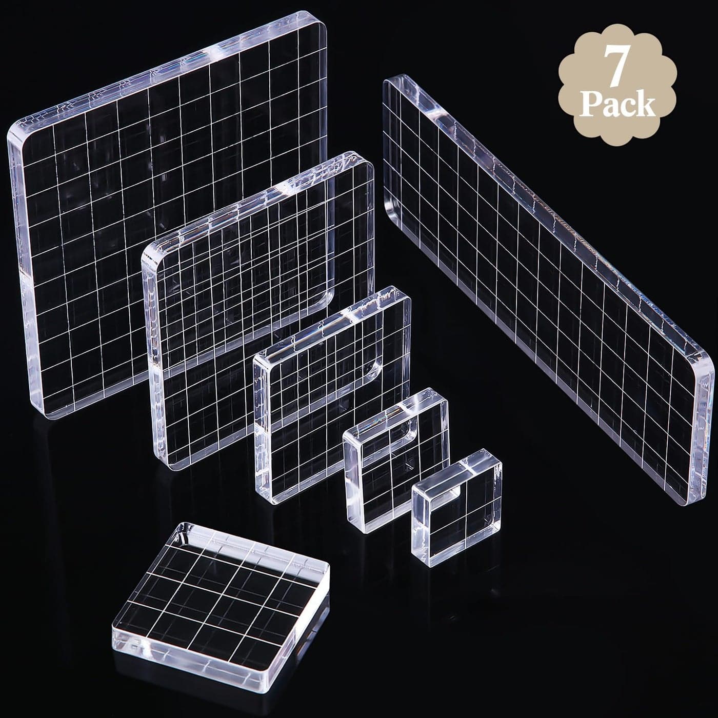 Mudder 7 Pieces Acrylic Stamp Blocks Set Clear Stamping Blocks Tools for Kids with Grid and Grip Scrapbooking Craft Making Decorative DIY Essential Stamping ToolStraight Edge