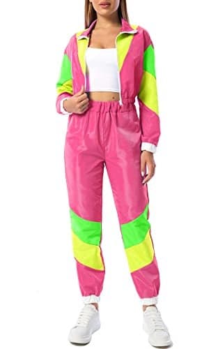 Yisfri Women Retro 80s 90s 2 Piece Outfits Theme Party Track Suit Zipper Windbreaker Neon Costume Joggers Set Pink M
