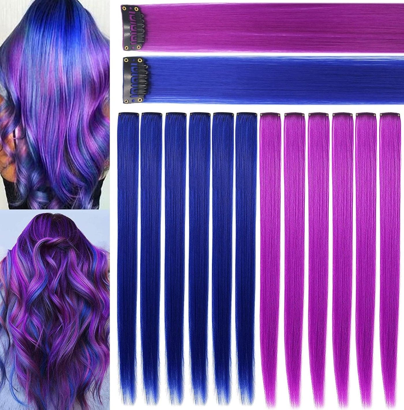 Rhyme Purple Blue Wig Hairpieces 21 inch Colored Hair Extension Clip inon for Amercian Girls and Women Princess Party Highlight Wig Pieces for Girls 12 PCS Purple Blue