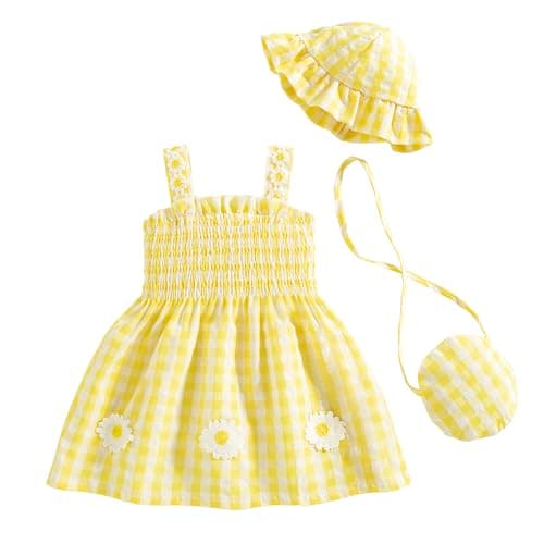 Renotemy Baby Girl Dress 12-18 Month Girls Clothes Summer Outfits Beach Birthday Party Dresses 1 Year Old Girl Gifts Yellow Floral Daisy Smocked Cotton Sundress Baby Clothes for Girls with Hat and Bag