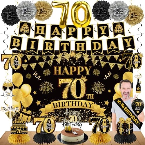 Eucutur 42PCS 70th Birthday Decoration Kit for Men Women Black Gold Happy 70th Bday Banner Balloons Honeycomb Centerpiece Swirl Paper Pompoms Party Supplies 70 Bday Sash Table Cake Topper Swirls Set