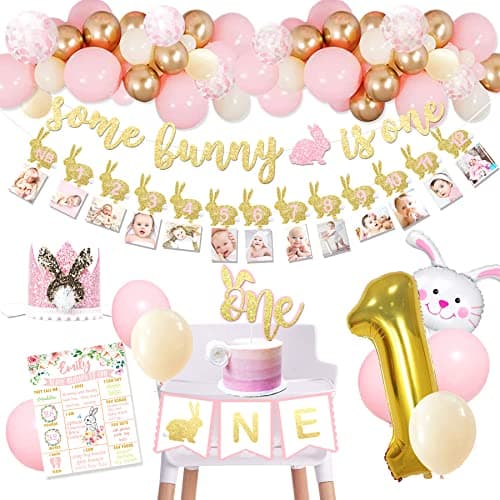 Some Bunny is One Birthday Party Supplies Some Bunny is One First Birthday Decorations Bunny 1st Birthday Decorations for Girls Some Bunny is One banner for Spring Easter Rabbit Themed Baby Girls 1st Birthday