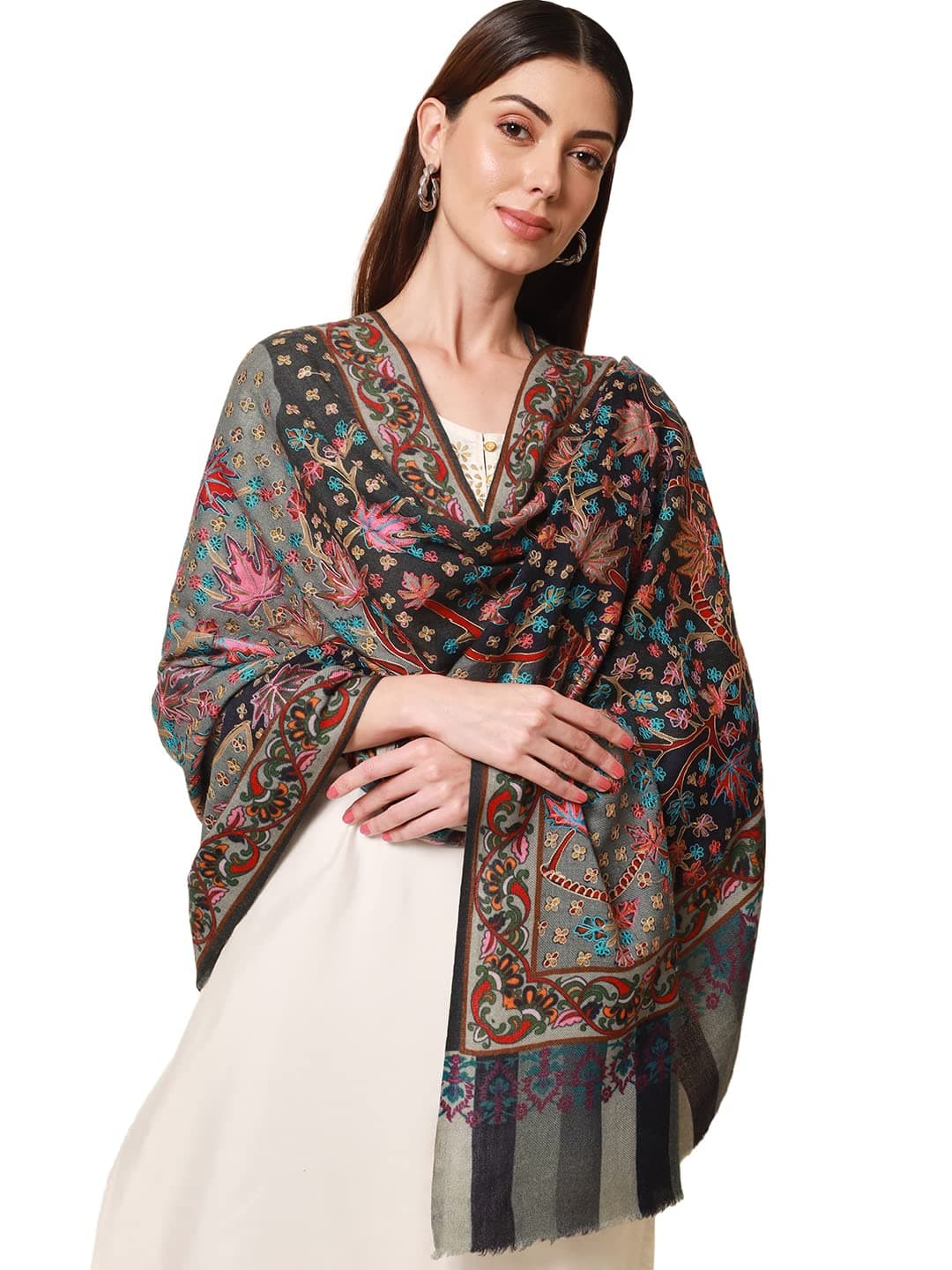Pashmoda Women Rangat Pure Wool Kalamkari Hand Embroidered Shawl (Size: 101 X 203 Cms)