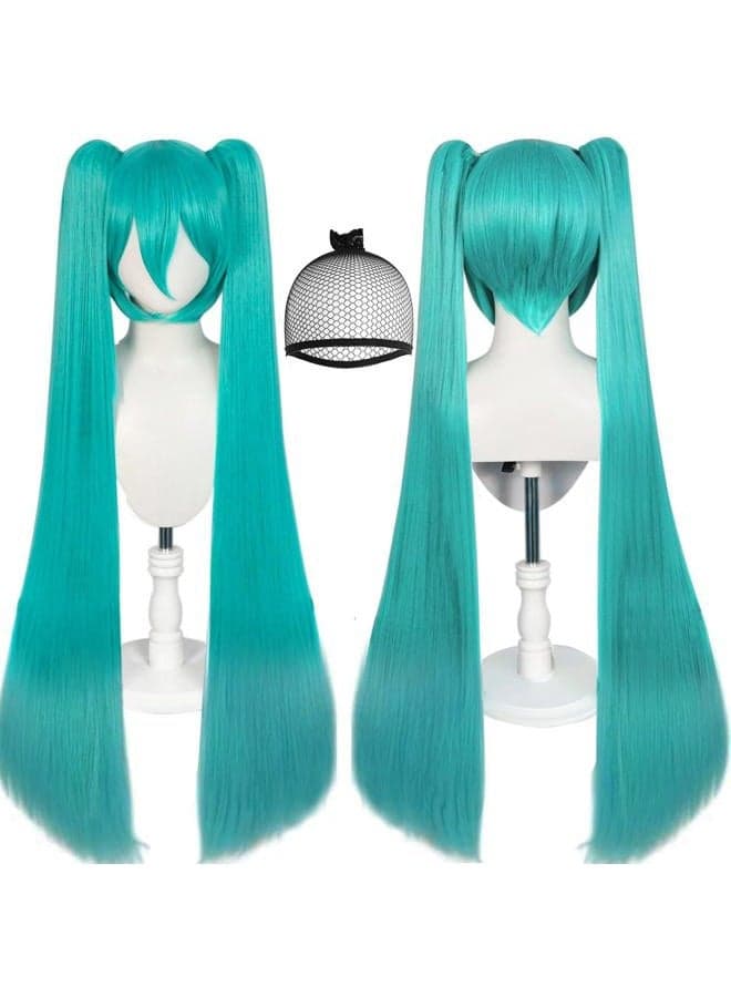 120CM/47inches Green Wigs【+Hair Cap】 Long Greenish Wig with 2 Ponytails for Women Long Straight Green Wigs with Bangs for Cosplay Wig Synthetic Hair for Halloween Christmas Party
