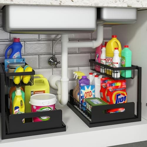 REALINN Under Sink Organizer Pull Out Cabinet Organizer Slide Out Sink Shelf Cabinet Storage Shelves Storages for Kitchen Bathroom Black 2 Pack