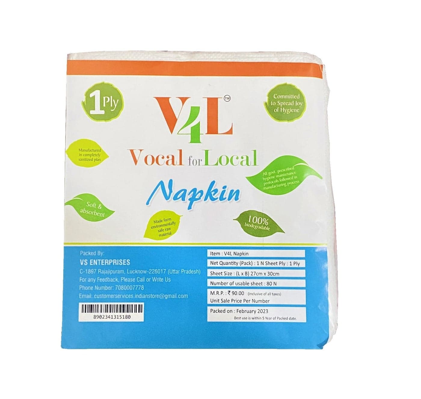 V4L Biodegradable Paper Napkins Tissue Paper Pack of 400 (27cm x 30cm)